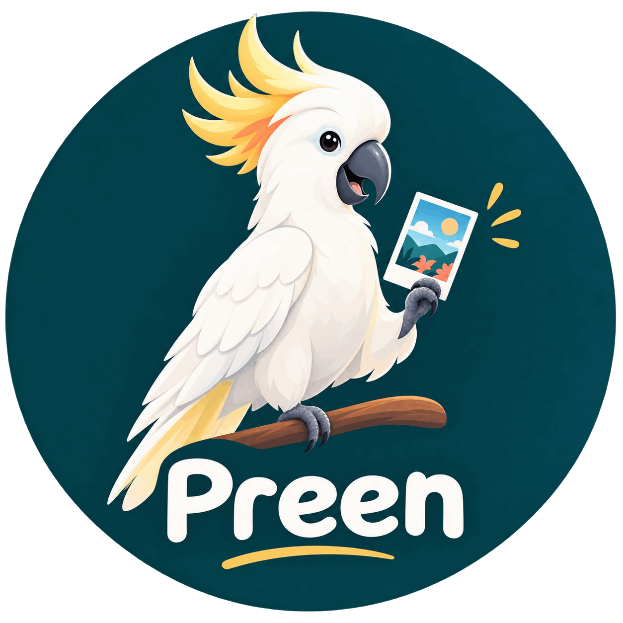 Preen's cockatoo, holding a photograph and deciding what to do with it